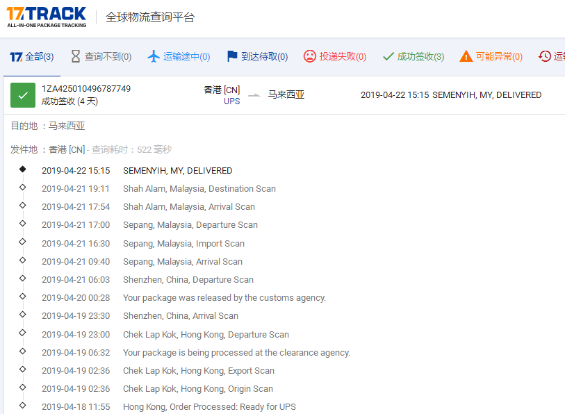 香港UPS紅單到馬來西亞簽收時效